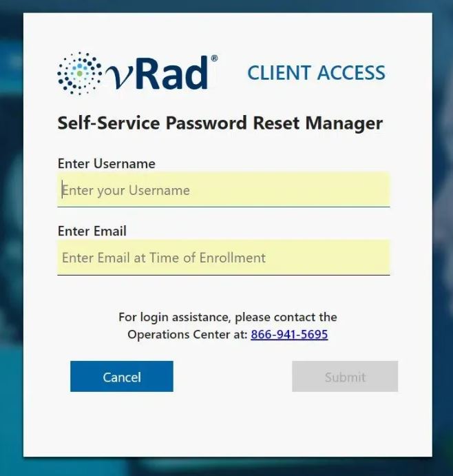 Reset vRad Client Portal Login Password
