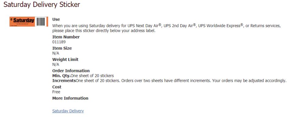UPS Saturday Delivery Sticker