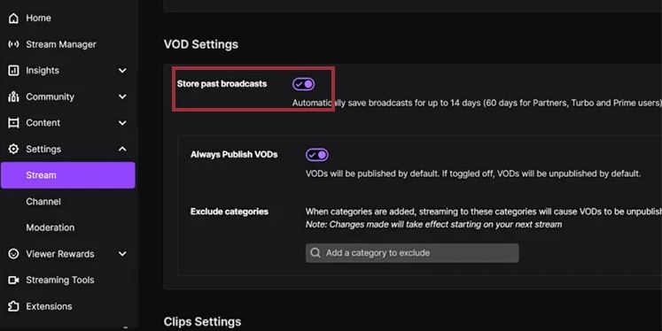 Check Twitch Chat Log via Vods settings
