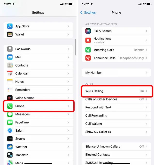 Disable WiFi Calling on iphone