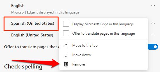 Remove Spanish Language on Microsoft Edge