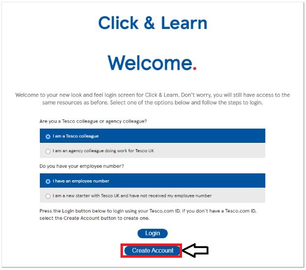 click on create account in tesco elearning portal