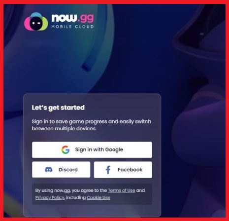 Login page of now.gg