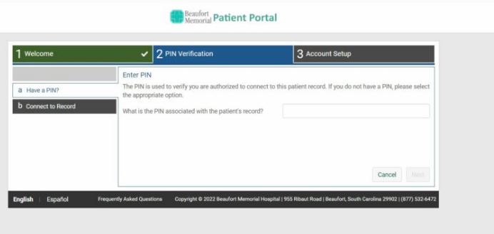 MyBMH Patient Portal pin verification