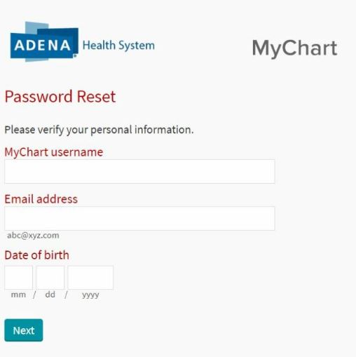 Reset Adena Patient Portal password