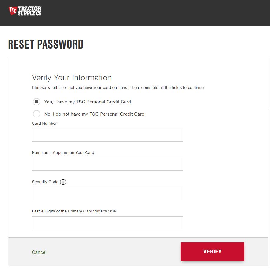 Tractor Supply Credit Card reset password