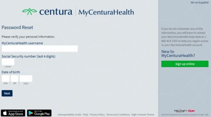 reset MyCenturaHealth Patient Portal