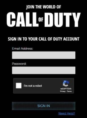 Call of Duty redemption page