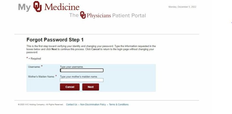 OU Patient Portal Reset Password